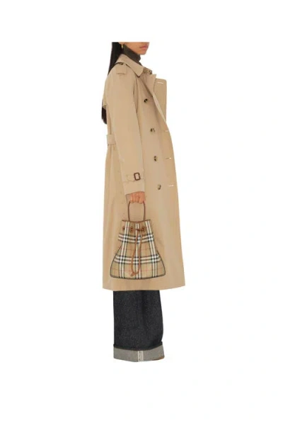 Burberry Drawstring Bucket Bag With Signature Plaid Pattern In Neutral
