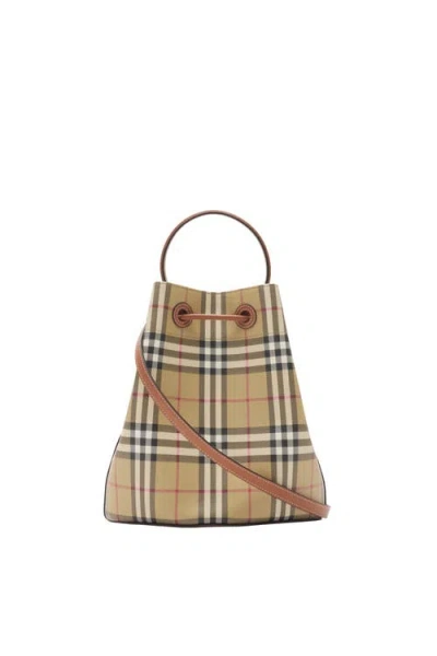 Burberry Drawstring Bucket Bag With Signature Plaid Pattern In Neutral