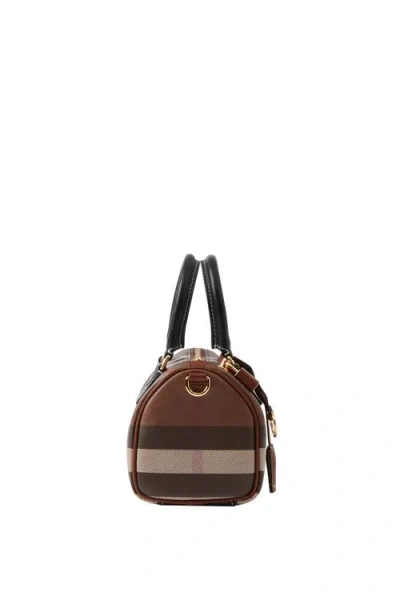 Burberry Womens Dark Birch Brown Chk Check-print Mini Woven And Leather Top-handle Bowling Bag
