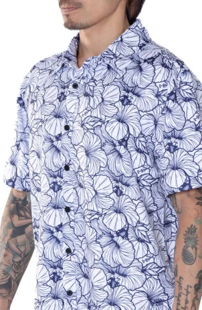 Vast Hibiscus Print Floral Short Sleeve Performance Button-up Shirt In White