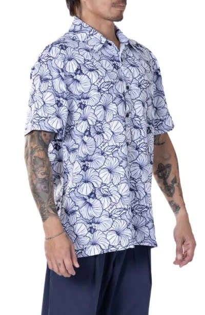 Vast Hibiscus Print Floral Short Sleeve Performance Button-up Shirt In White
