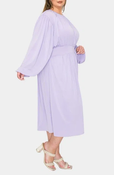 L I V D Audrey Gathered Long Sleeve Midi Dress In Lilac