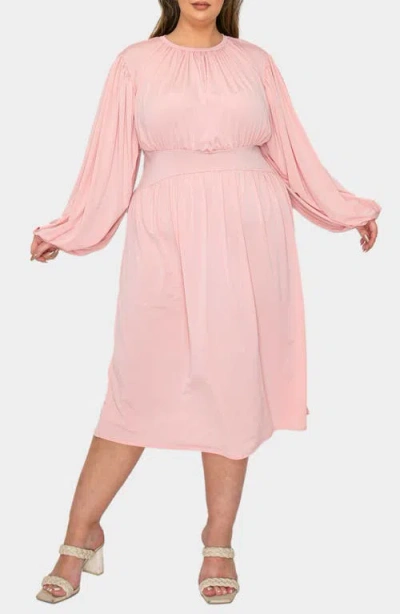 L I V D Audrey Gathered Long Sleeve Midi Dress In Blush