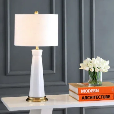 Jonathan Y Hartley 29" Ceramic Column Led Table Lamp In White/brass Gold