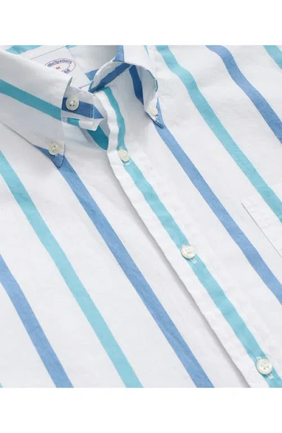 Brooks Brothers Friday Regular Fit Stripe Short Sleeve Cotton Poplin Button-down Shirt In Turquoise/aqua