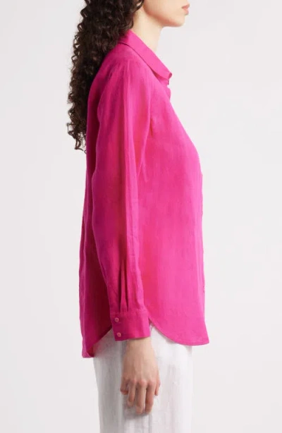 Eileen Fisher Classic Collar Organic Linen Long Button-up Shirt In Fuchsia