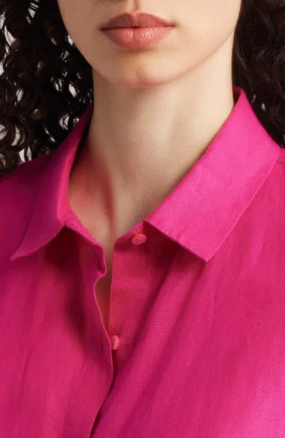 Eileen Fisher Classic Collar Organic Linen Long Button-up Shirt In Fuchsia