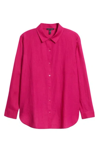 Eileen Fisher Classic Collar Organic Linen Long Button-up Shirt In Fuchsia