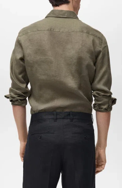 Mango Slim Fit Linen Button-up Shirt In Khaki Green
