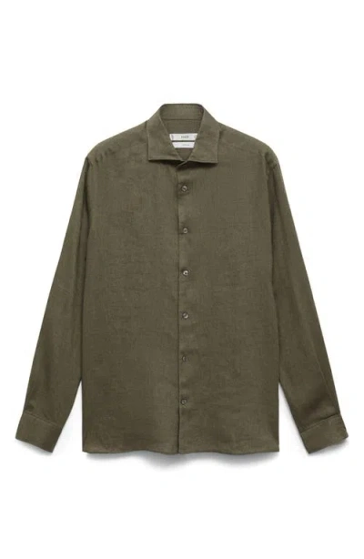 Mango Slim Fit Linen Button-up Shirt In Khaki Green