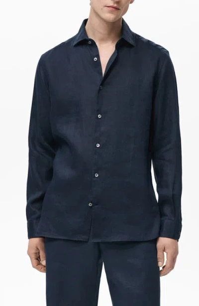 Mango Slim Fit Linen Button-up Shirt In Dark Navy