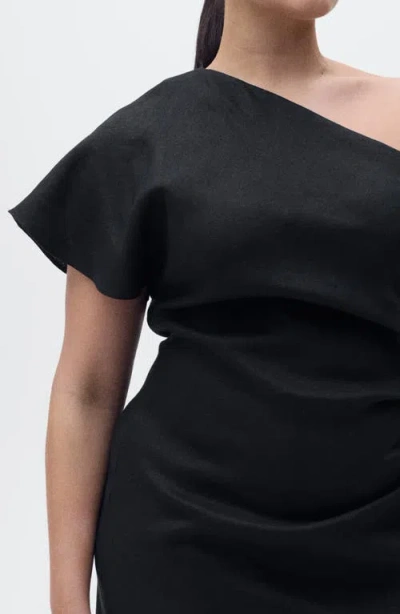 Mango One-shoulder Linen Midi Dress In Black