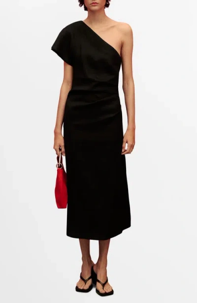 Mango One-shoulder Linen Midi Dress In Black