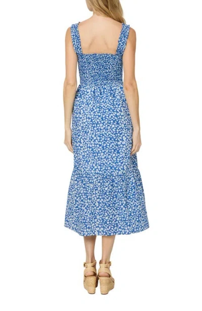 The Standard Stitch The Smocked Ruffle Tank Midi Dress In Blue Floral