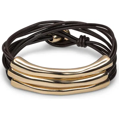 Unode50 Leather Bracelet With Three 18k Gold-plated Strands In Gold