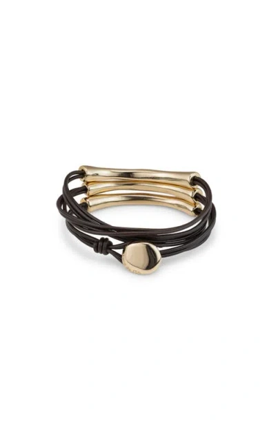 Unode50 Leather Bracelet With Three 18k Gold-plated Strands In Gold