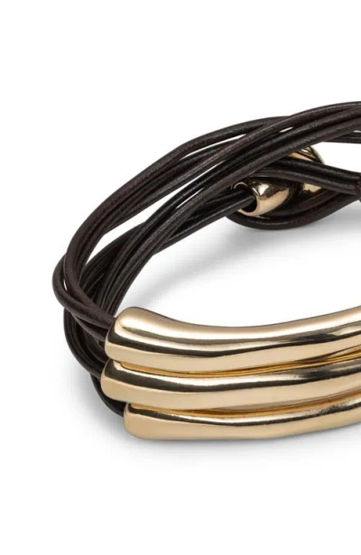 Unode50 Leather Bracelet With Three 18k Gold-plated Strands In Gold