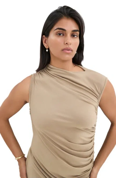 Marcella Joan Sleeveless Ruched Cocktail Dress In Sand