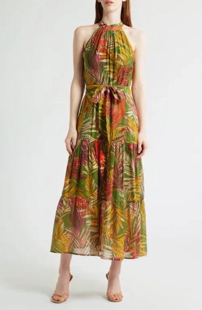 Anne Klein Patio Leaf Print Halter Neck Tiered Midi Dress In Leafy Green Multi