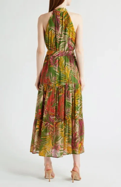 Anne Klein Patio Leaf Print Halter Neck Tiered Midi Dress In Leafy Green Multi