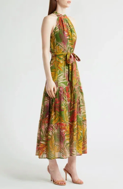 Anne Klein Patio Leaf Print Halter Neck Tiered Midi Dress In Leafy Green Multi