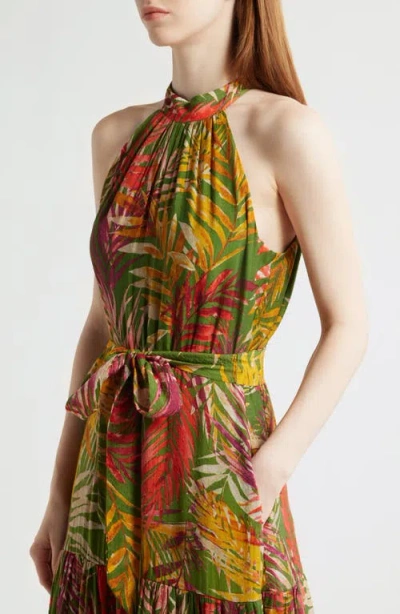 Anne Klein Patio Leaf Print Halter Neck Tiered Midi Dress In Leafy Green Multi