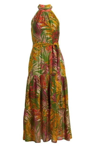 Anne Klein Patio Leaf Print Halter Neck Tiered Midi Dress In Leafy Green Multi