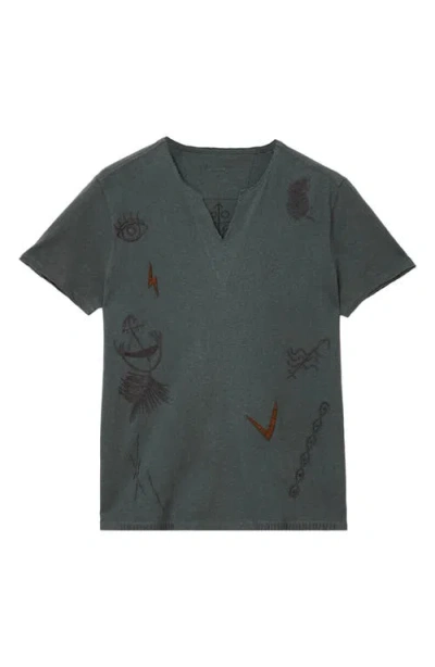 John Varvatos Embroidered Raw Edge Notch Neck Organic Cotton T-shirt In Dried Sage