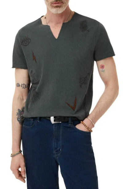 John Varvatos Embroidered Raw Edge Notch Neck Organic Cotton T-shirt In Dried Sage