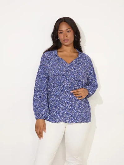 Live Unlimited Blue Ditsy Shirred Raglan Sleeve Blouse In Blue Print