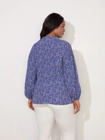Live Unlimited Blue Ditsy Shirred Raglan Sleeve Blouse In Blue Print