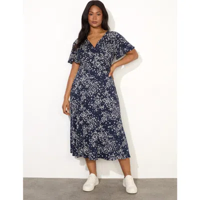 Live Unlimited Ditsy Jersey Flutter Sleeve  Wrap Dress In Navy Ditsy
