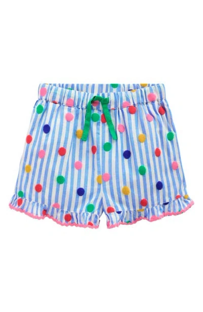 Mini Boden Kids' Juniper Stripe Polka Dot Cotton Ruffle Hem Shorts In Peacock Plume Blue Spot