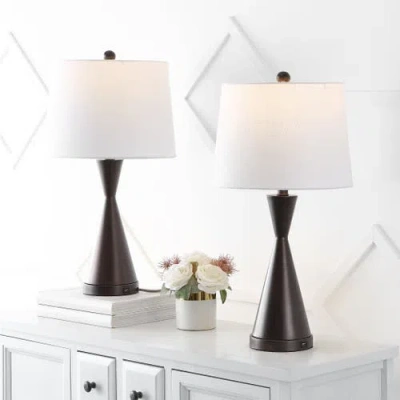 Jonathan Y Colton 26in Set Of 2 French Country Farmhouse Iron Led Table Lamp With Usb Charging Port In Oil Rubbed Bronze