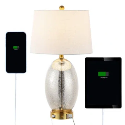 Jonathan Y Reese 26.5" 1-outlet Contemporary Style Iron/glass Led Table Lamp With Usb Charging Port, Silver/bra In Silver/brass Gold