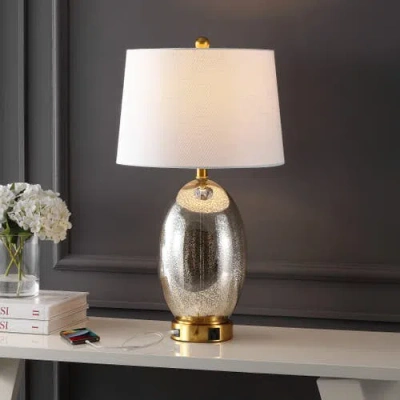 Jonathan Y Reese 26.5" 1-outlet Contemporary Style Iron/glass Led Table Lamp With Usb Charging Port, Silver/bra In Silver/brass Gold