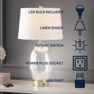 Jonathan Y Reese 26.5" 1-outlet Contemporary Style Iron/glass Led Table Lamp With Usb Charging Port, Silver/bra In Silver/brass Gold
