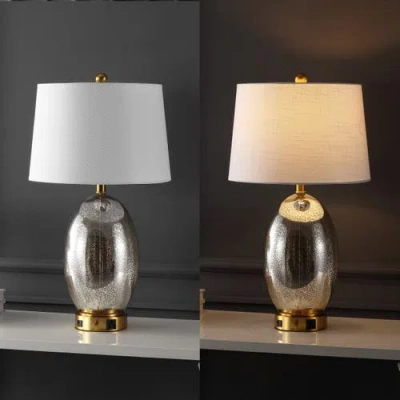 Jonathan Y Reese 26.5" 1-outlet Contemporary Style Iron/glass Led Table Lamp With Usb Charging Port, Silver/bra In Silver/brass Gold