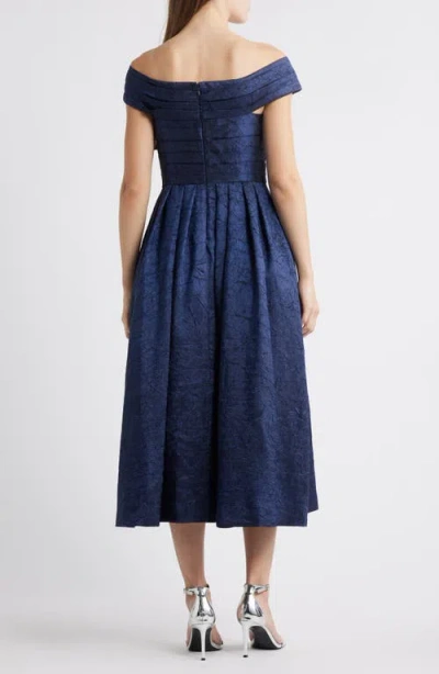 Tahari Asl Crushed Taffeta Off The Shoulder Cocktail Dress In Navy