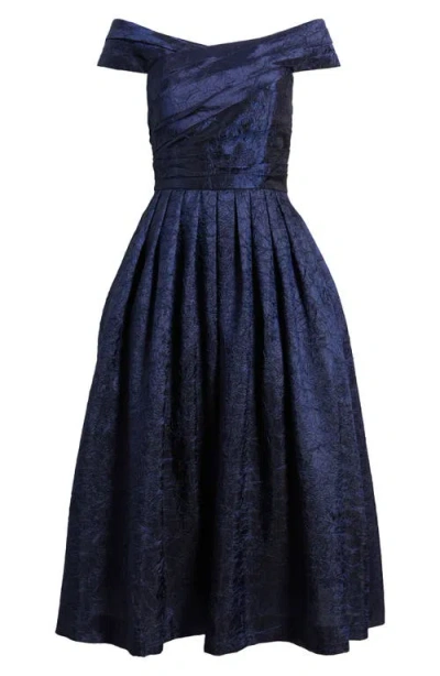Tahari Asl Crushed Taffeta Off The Shoulder Cocktail Dress In Navy