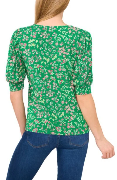Cece Floral Print Puff Sleeve Stretch Cotton Top In Green