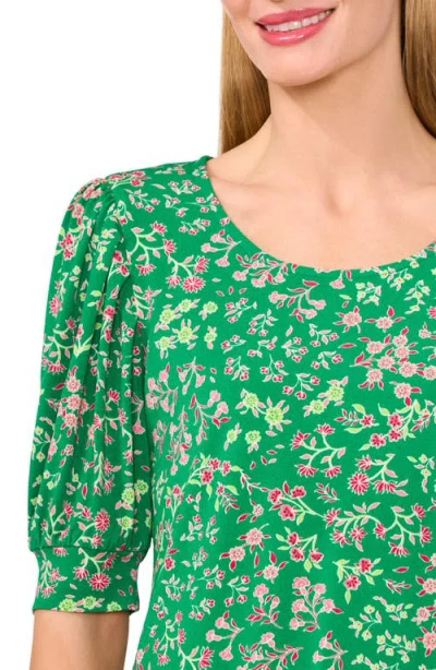 Cece Floral Print Puff Sleeve Stretch Cotton Top In Green