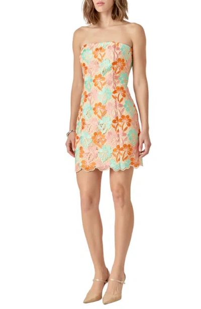 Endless Rose Floral Lace Strapless Minidress In Orange Multi Color