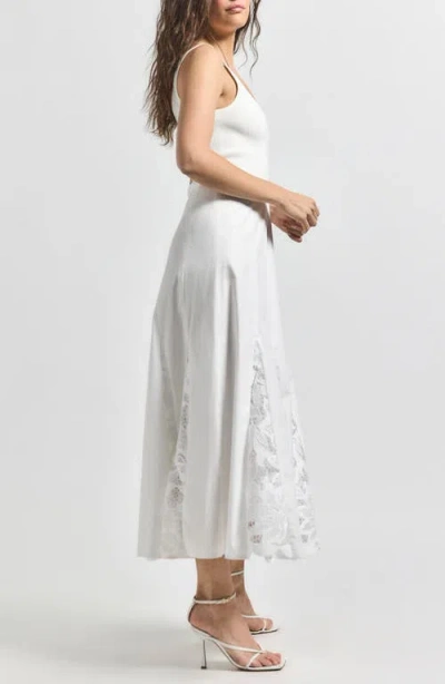 Derek Lam 10 Crosby Maeleyse Mixed Media Lace Detail Godet Pleat Stretch Cotton Midi Dress In Soft White