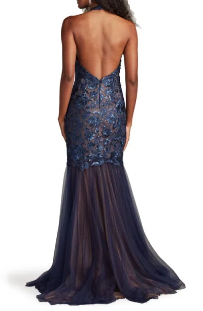 Tadashi Shoji Sequin Embroidered Halter Mermaid Gown In Midnight