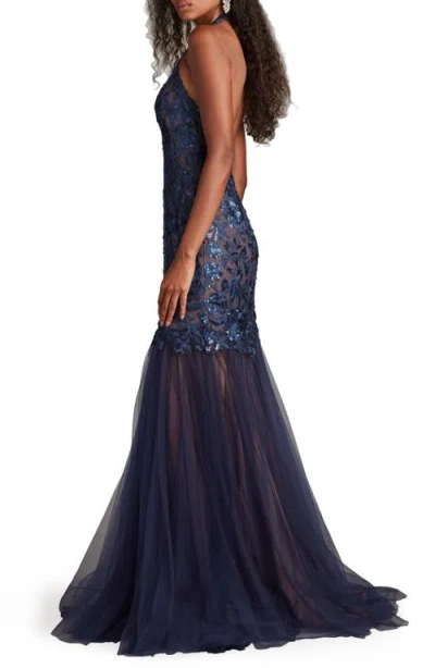 Tadashi Shoji Sequin Embroidered Halter Mermaid Gown In Midnight