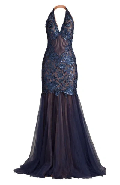 Tadashi Shoji Sequin Embroidered Halter Mermaid Gown In Midnight