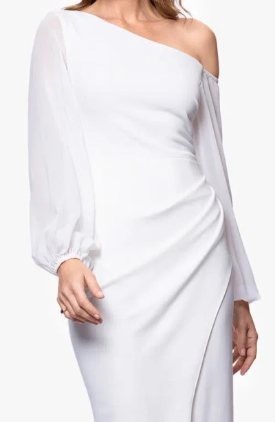 Betsy & Adam Sheer Sleeve One-shoulder Scuba Crepe Cocktail Dress In Ivory