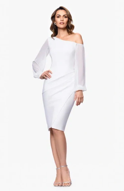 Betsy & Adam Sheer Sleeve One-shoulder Scuba Crepe Cocktail Dress In Ivory