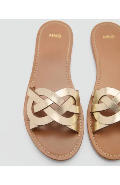 Mango Intertwined Strap Flat Leather Slide Sandal In Gold
